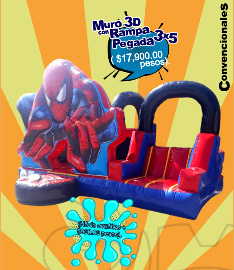 Brincolín Convencional Muro 3D con Rampa Pegada 3x5 - Brincolin Convencional MexBull